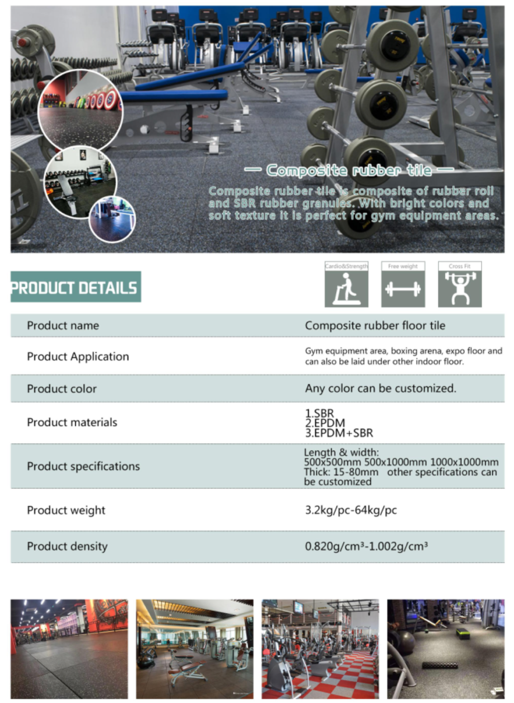 Durable Black Color Epdm Composite Gym Rubber Flooring detailed technical sheet 1